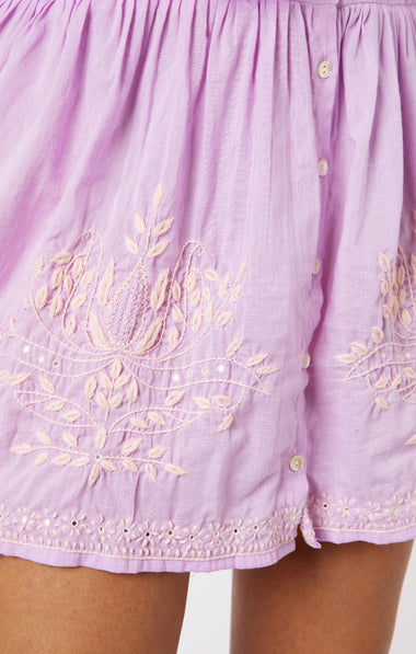 Blouson Dress With Contrast Lotus Embroidery With Slip Lilac/Pale Pink - Dress