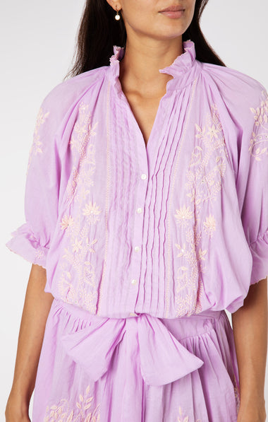 Blouson Dress With Contrast Lotus Embroidery With Slip Lilac/Pale Pink - Dress