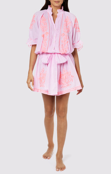 Blouson Dress With Contrast Lotus Embroidery With Slip Lilac/Pale Pink - Dress