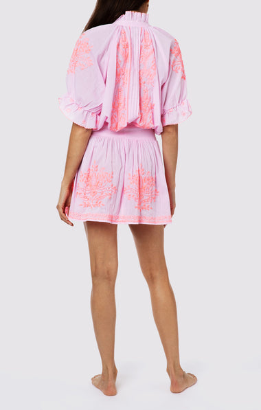 Blouson Dress With Contrast Lotus Embroidery With Slip Lilac/Pale Pink - Dress