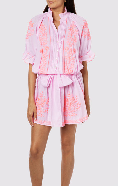 Blouson Dress With Contrast Lotus Embroidery With Slip Lilac/Pale Pink - Dress