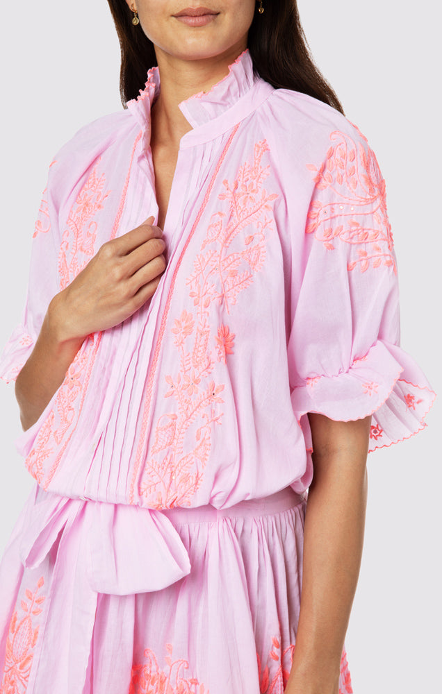 Load image into Gallery viewer, Blouson Dress With Contrast Lotus Embroidery With Slip Lilac/Pale Pink - Dress
