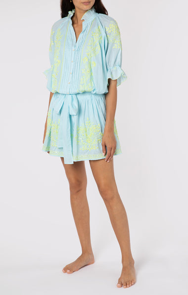 Blouson Dress With Contrast Lotus Embroidery With Slip Turq Pistachio - Dress