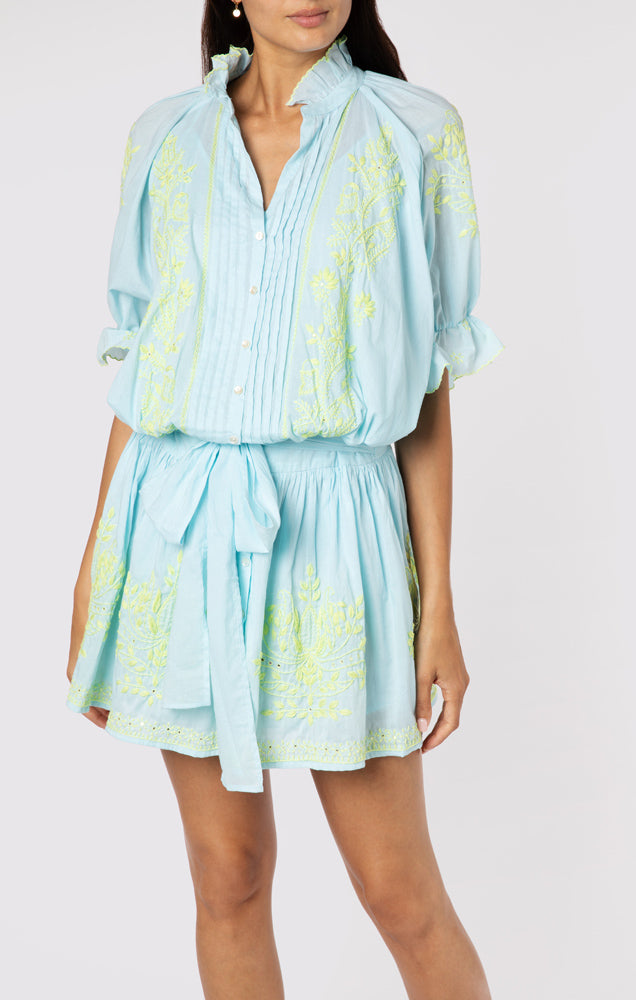 Load image into Gallery viewer, Blouson Dress With Contrast Lotus Embroidery With Slip Turq Pistachio - Dress
