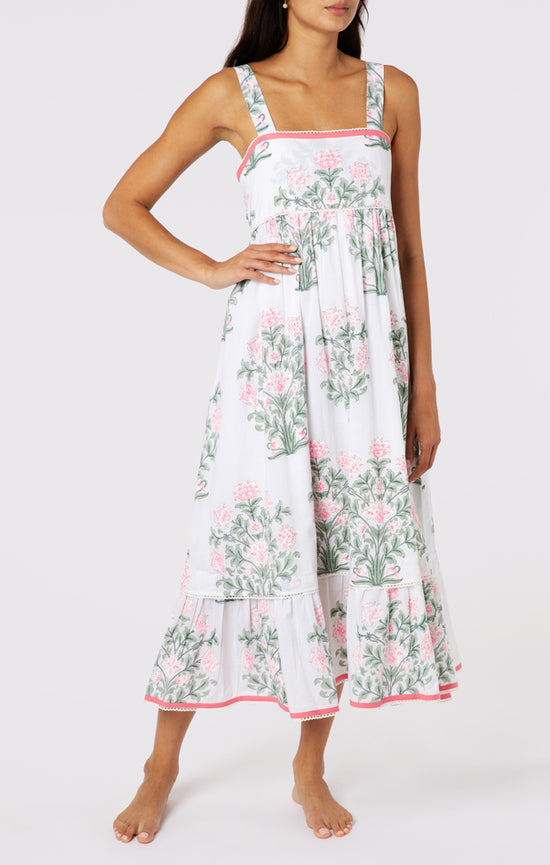 Sash Bow Back Midi Dress In Japanese Flower Print White/Coral/Sage