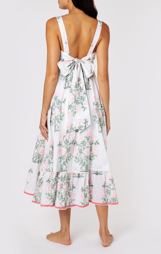 Sash Bow Back Midi Dress In Japanese Flower Print White/Coral/Sage