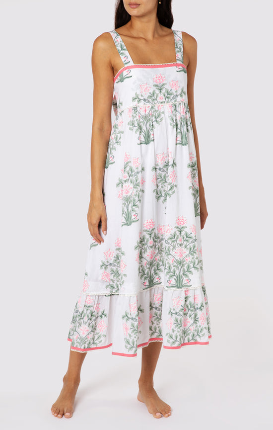 Sash Bow Back Midi Dress In Japanese Flower Print White/Coral/Sage