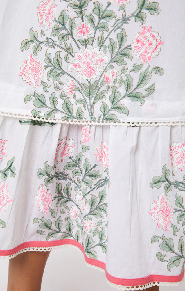 Sash Bow Back Midi Dress In Japanese Flower Print White/Coral/Sage