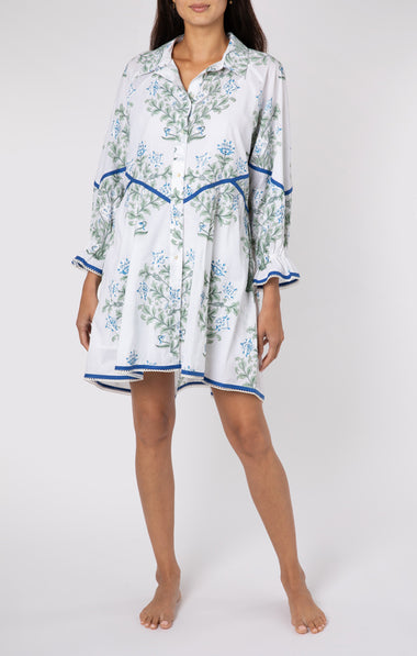 Raglan Shirt Dress In Japanese Flower Print-Slip White/Blue/Sage - Dress