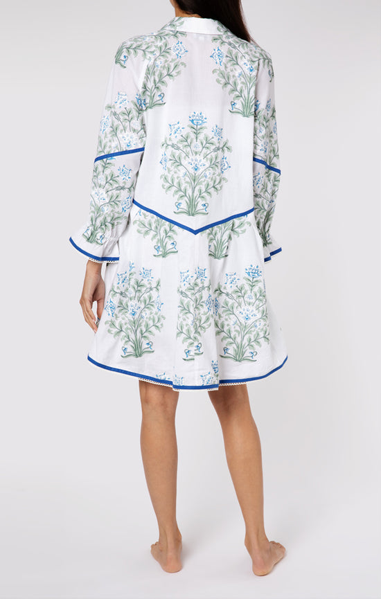 Raglan Shirt Dress In Japanese Flower Print-Slip White/Blue/Sage