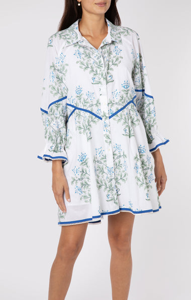 Raglan Shirt Dress In Japanese Flower Print-Slip White/Blue/Sage - Dress