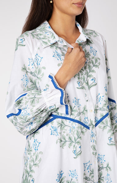 Raglan Shirt Dress In Japanese Flower Print-Slip White/Blue/Sage - Dress