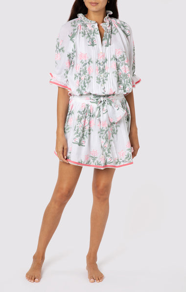 Blouson Dress In Japanese Flower Print With Slip White/Blue/Sage - Dress