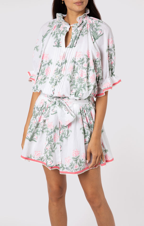 Blouson Dress In Japanese Flower Print With Slip White/Blue/Sage