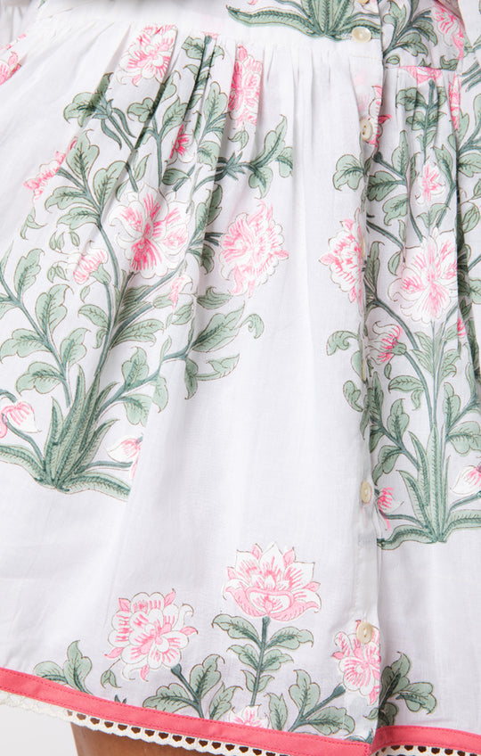 Blouson Dress In Japanese Flower Print With Slip White/Blue/Sage