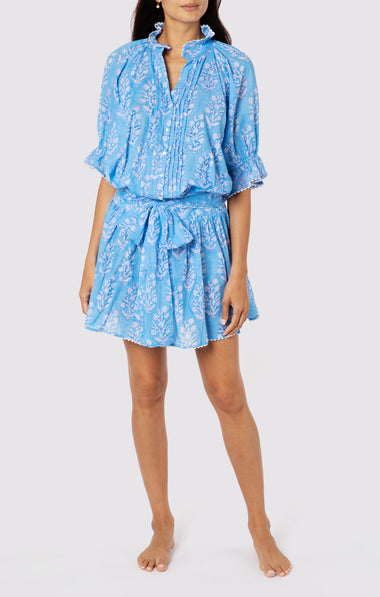 Blouson Dress: Flower Block Print in Dual Blue Tones - Dress