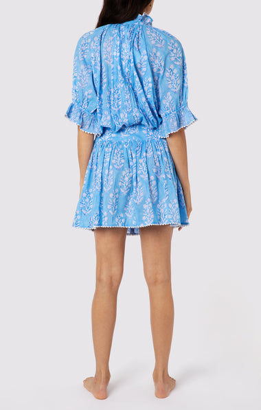 Blouson Dress: Flower Block Print in Dual Blue Tones - Dress