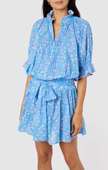 Blouson Dress: Flower Block Print in Dual Blue Tones - Dress