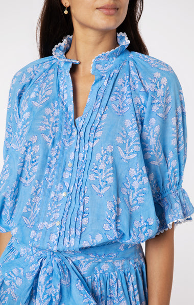 Blouson Dress: Flower Block Print in Dual Blue Tones - Dress
