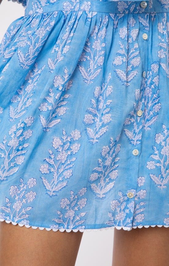 Blouson Dress: Flower Block Print in Dual Blue Tones