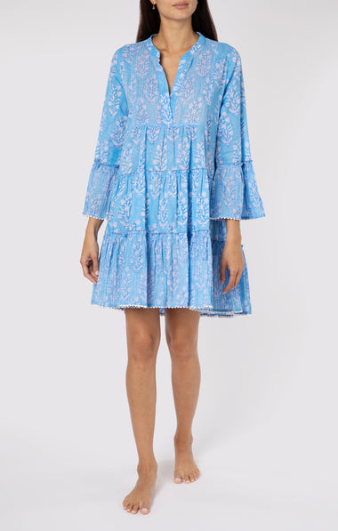 Flared Sleeve Dress In Small Flower Block Print Blue - Dress