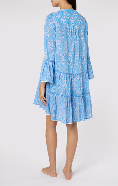 Flared Sleeve Dress In Small Flower Block Print Blue - Dress