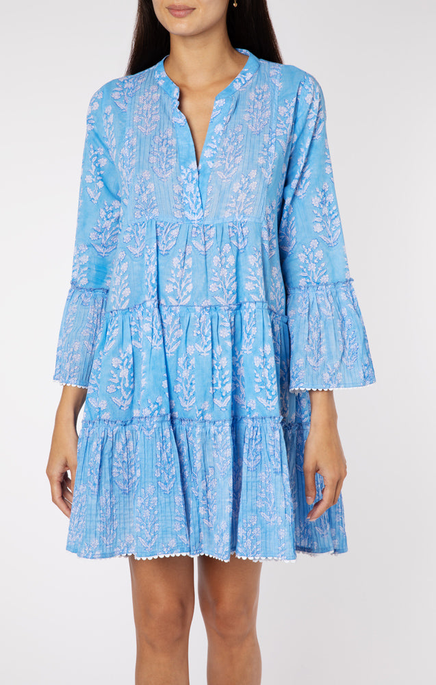 Load image into Gallery viewer, Flared Sleeve Dress In Small Flower Block Print Blue - Dress

