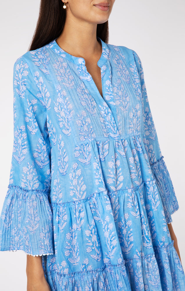 Load image into Gallery viewer, Flared Sleeve Dress In Small Flower Block Print Blue - Dress
