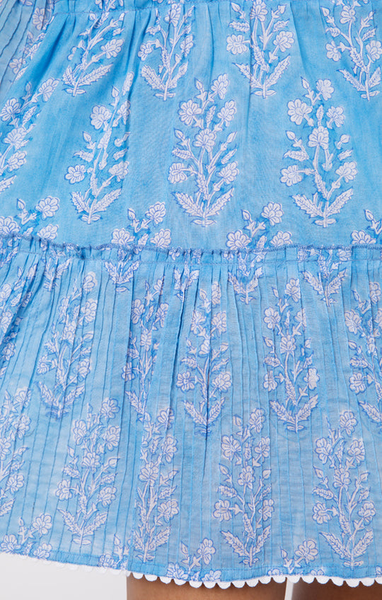 Flared Sleeve Dress In Small Flower Block Print Blue