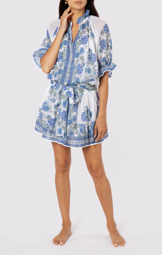 Blouson Dress In Rose Border Block Print With Slip White/Klein Blue