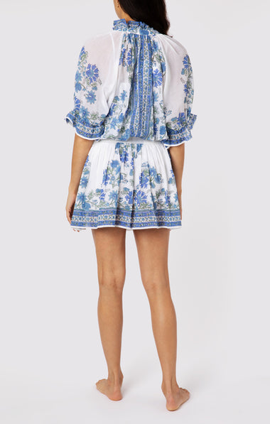 Blouson Dress In Rose Border Block Print With Slip White/Klein Blue - Dress