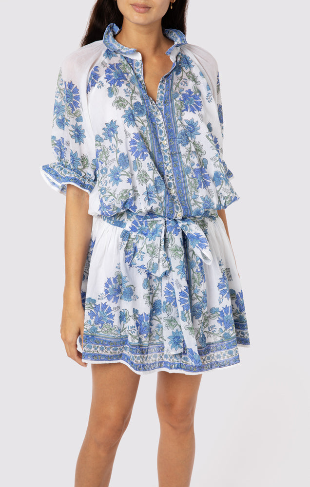 Load image into Gallery viewer, Blouson Dress In Rose Border Block Print With Slip White/Klein Blue - Dress
