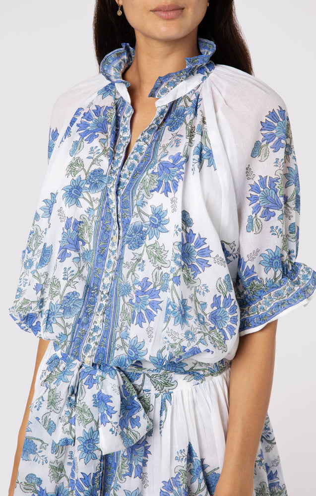 Load image into Gallery viewer, Blouson Dress In Rose Border Block Print With Slip White/Klein Blue - Dress
