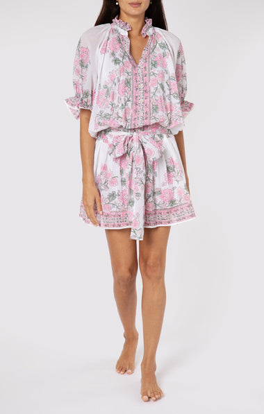 Blouson Dress In Rose Border Block Print With Slip White/Lipstick - Dress