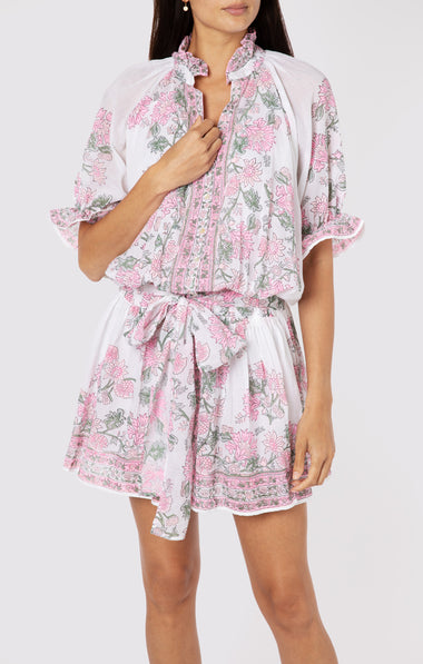 Blouson Dress In Rose Border Block Print With Slip White/Lipstick - Dress