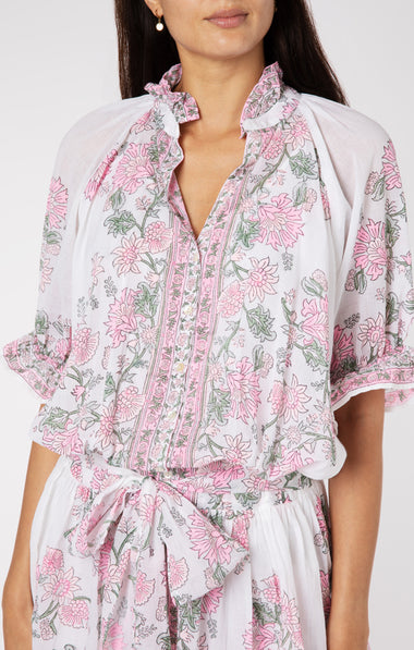 Blouson Dress In Rose Border Block Print With Slip White/Lipstick - Dress