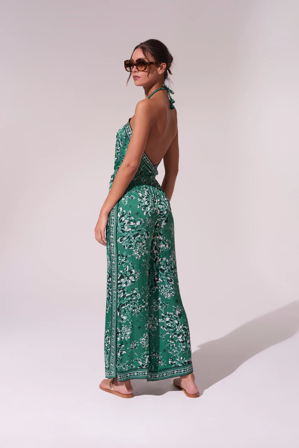 Green Floral Jumpsuit with Plunging Bareback