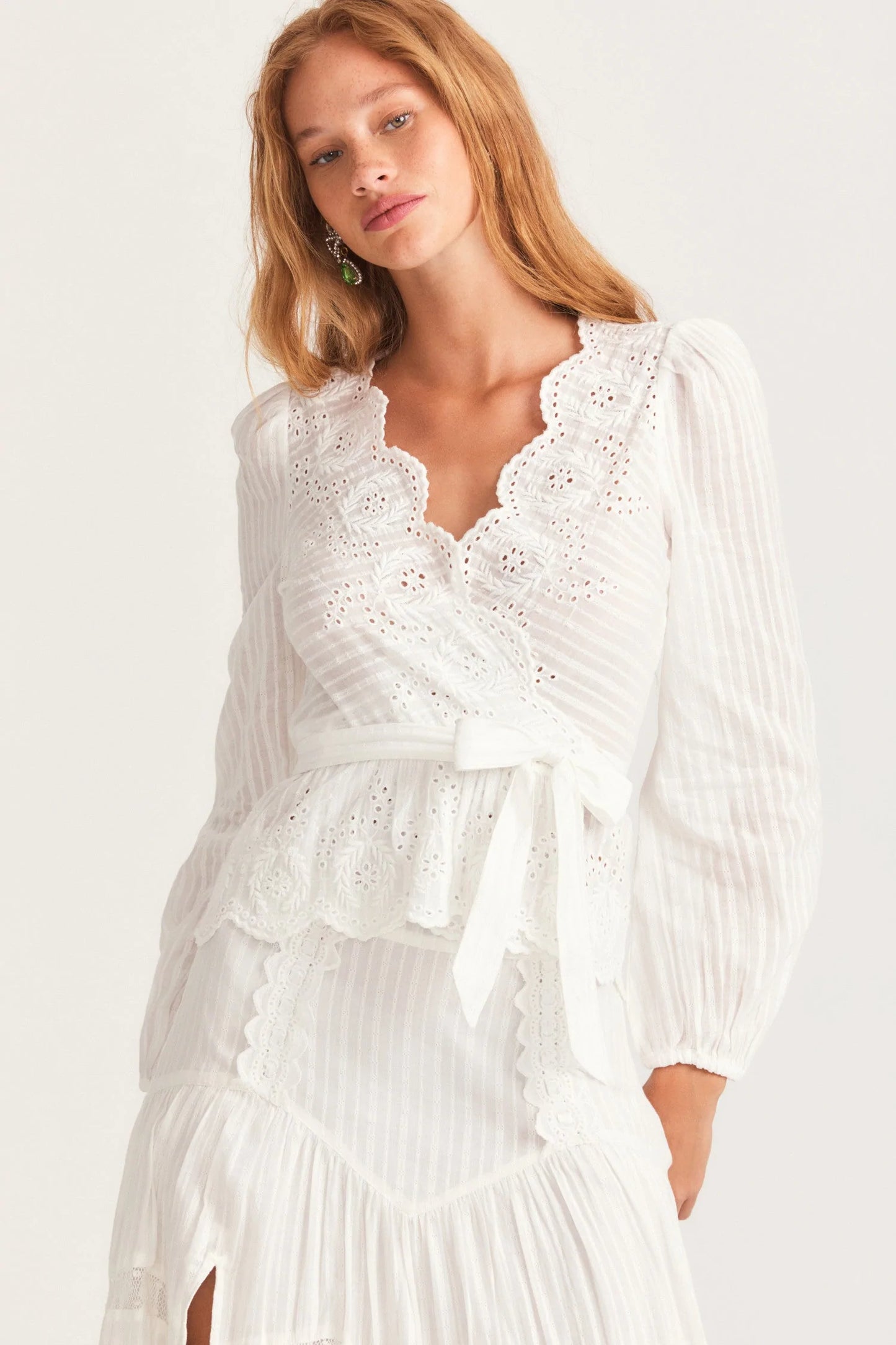 Schiffley Embroidered White Wrap Top