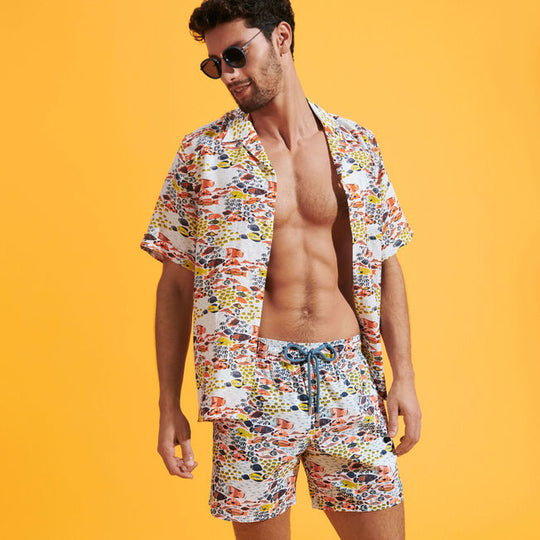 Mens Elastic Waist Swim Trunks in Fish Print