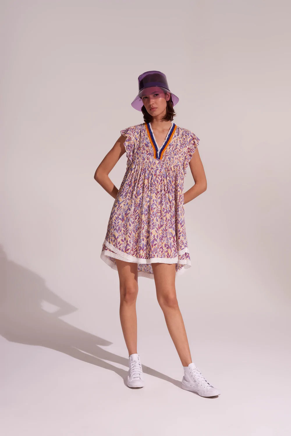 Ladies Printed Mini Dress with Fringed Collar