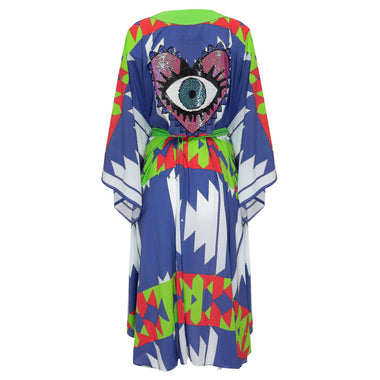 Evil Eye Love Tribal Blue In Neon Green Long - Kimono