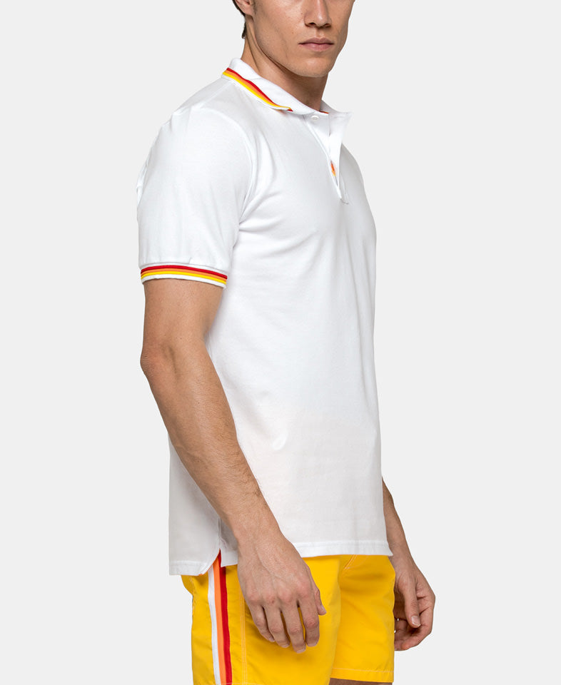 Load image into Gallery viewer, man wearing a mens white polo 
