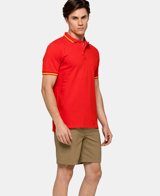 man wearing a red polo shirt for men