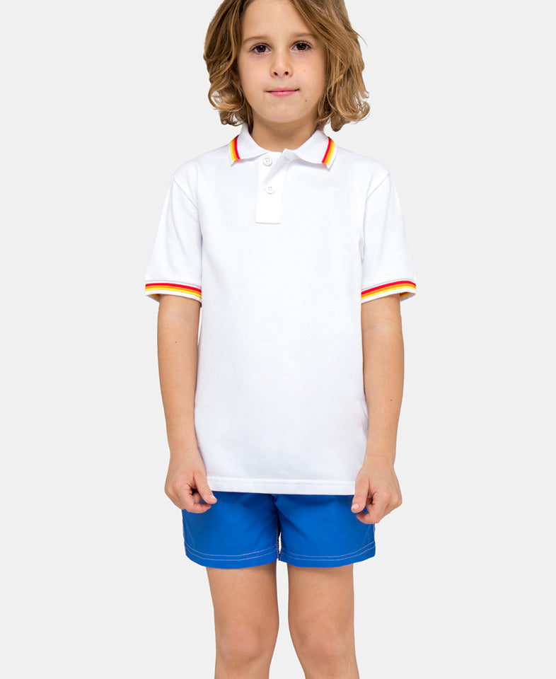 Load image into Gallery viewer, kid wearing a white polo shirt
