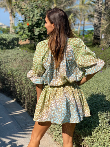 Tie Dye Blouson Dress With Snow Leopard Print Green Lime/Turq - Dress