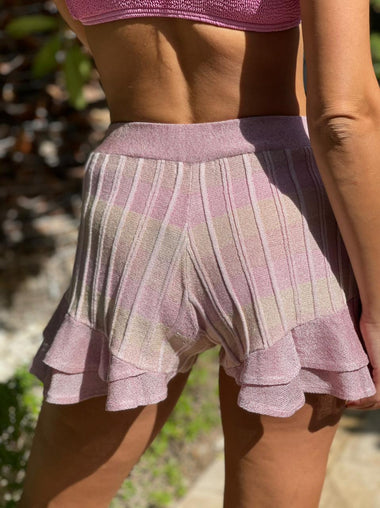 Striped Frill Shorts In Ribbed Knit With Tie Belt Pink - Shorts