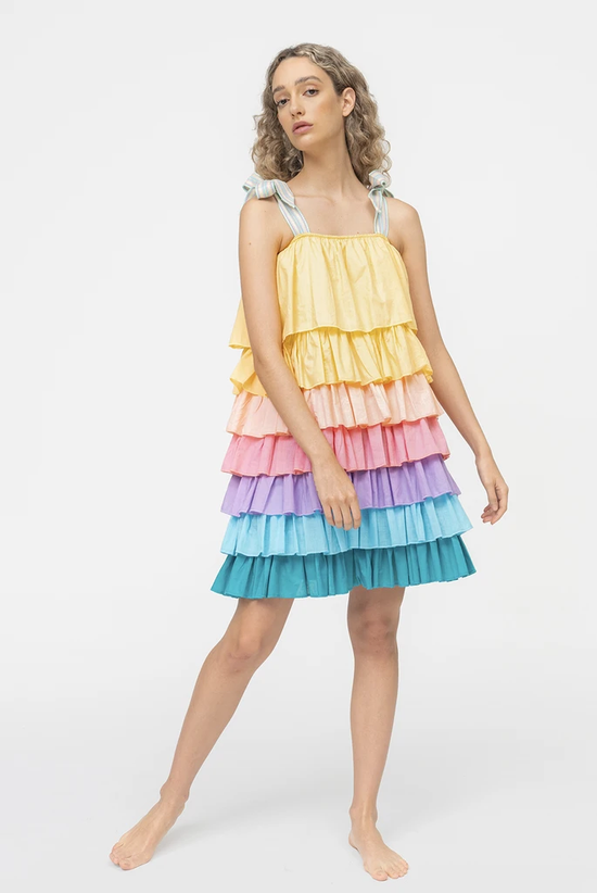 Load image into Gallery viewer, Piñata Tiered Dress Pastel Rainbow
