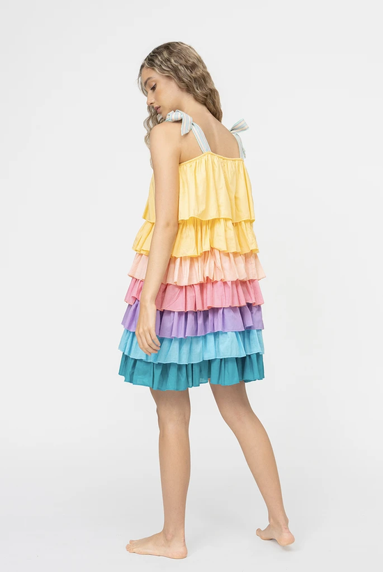 Load image into Gallery viewer, Piñata Tiered Dress Pastel Rainbow
