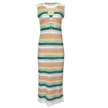 Racking Knit Maxi Dress with Criss Cross Front Neckline White/Green - Dress