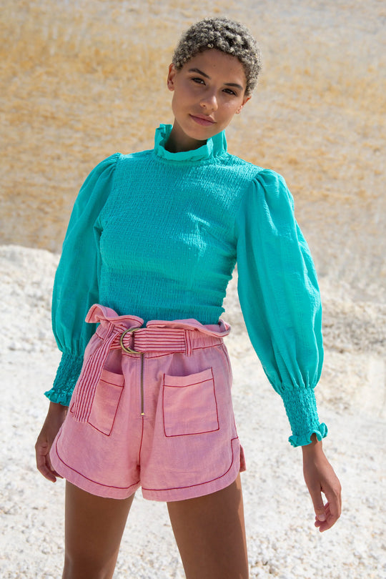 Load image into Gallery viewer, Kelly Smocked Top Aqua - Top
